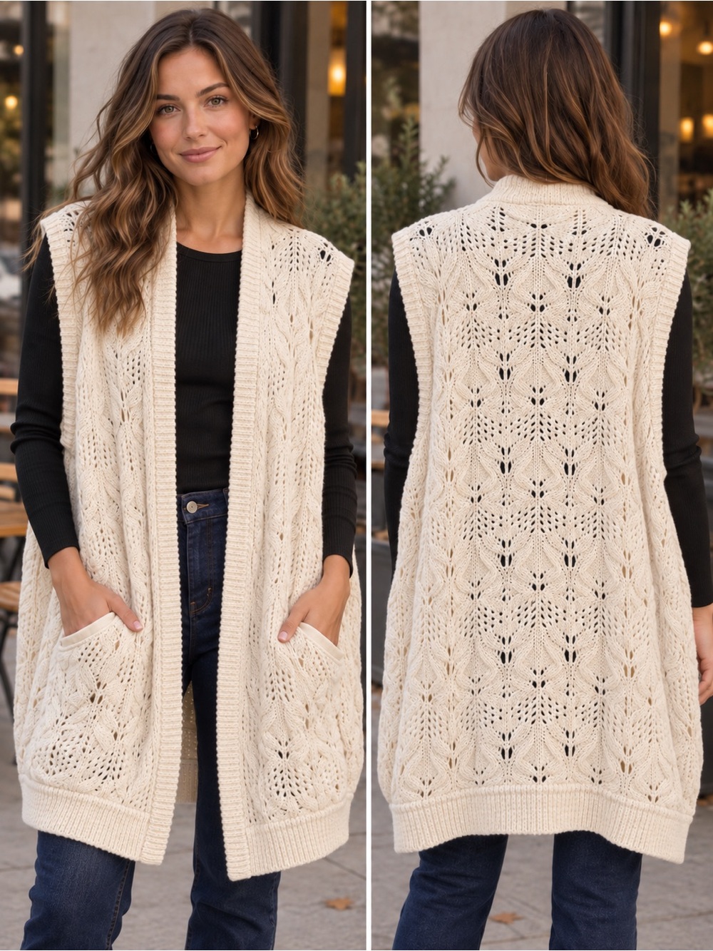 Free People Cream Open-Front Crochet Knit Vest